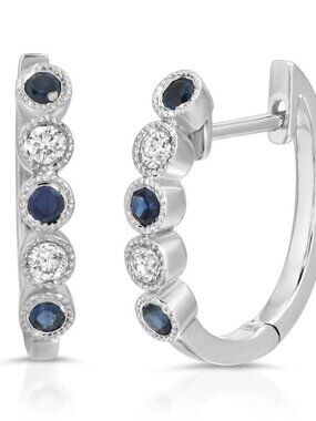 14K White Gold 0.30 CT Blue Sapphires and 0.16 CT Diamond Hoop Earrings